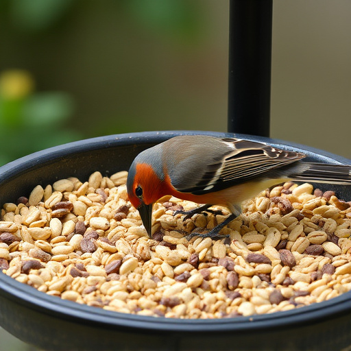 Bird seed scattered on feeder tray