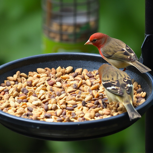 Bird seed scattered on feeder tray