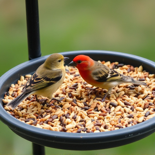 Bird seed scattered on feeder tray