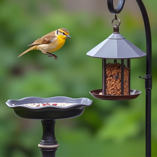 Birdbath beside feeder with seed mix