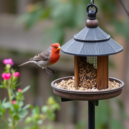 Birdbath beside feeder with seed mix