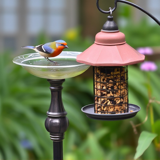 Birdbath beside feeder with seed mix