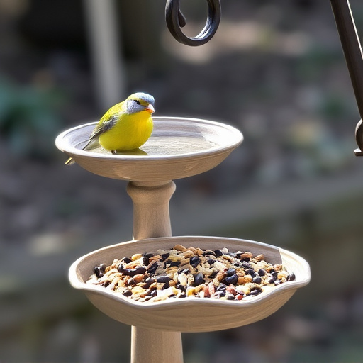 Birdbath beside feeder with seed mix