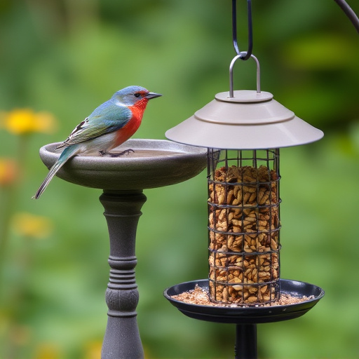 Birdbath beside feeder with seed mix