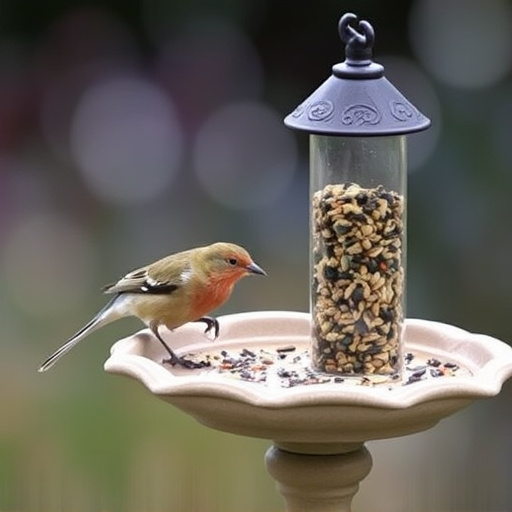 Birdbath beside feeder with seed mix