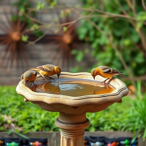 Birdbath with birds drinking water