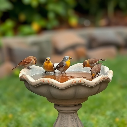 Birdbath with birds drinking water