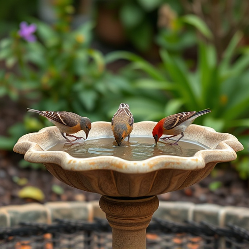 Birdbath with birds drinking water