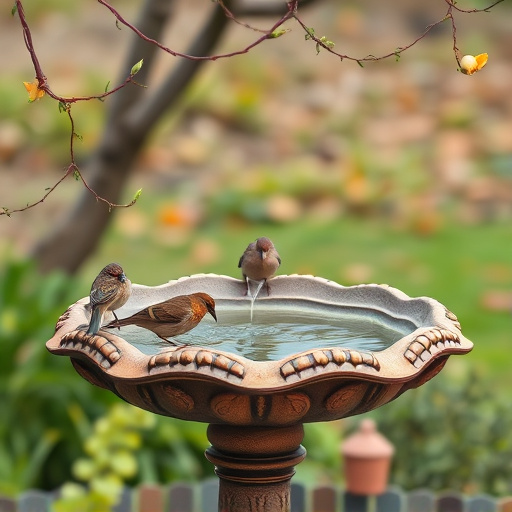 Birdbath with birds drinking water