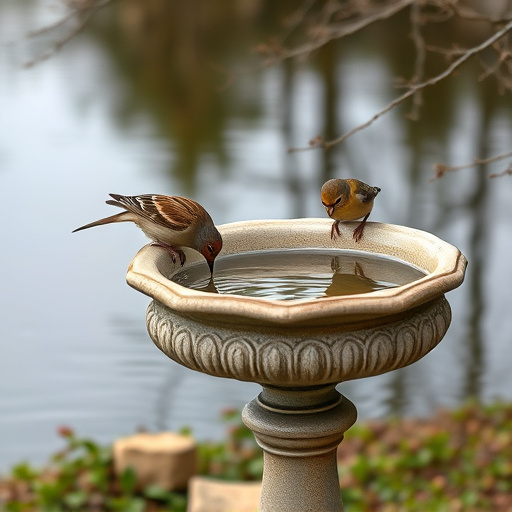 Birdbath with birds drinking water