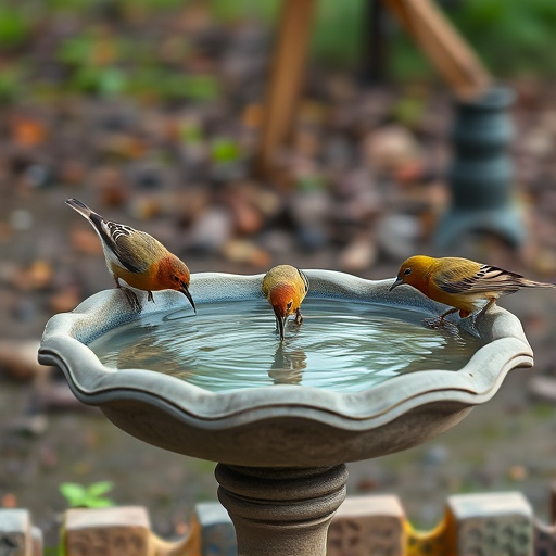 Birdbath with birds drinking water