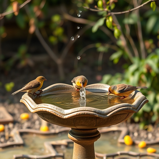 Birdbath with birds drinking water