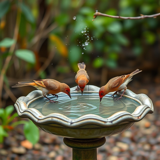 Birdbath with birds drinking water