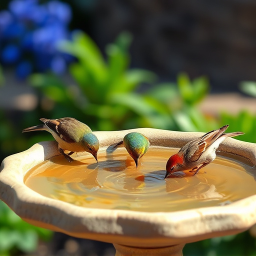 Birdbath with birds drinking water
