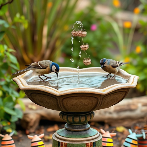 Birdbath with birds drinking water