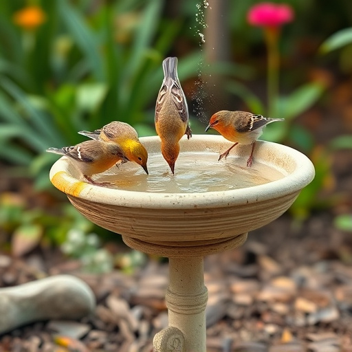 Birds drinking from clean bird bath
