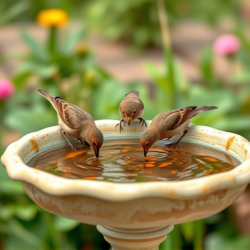 Birds drinking from clean bird bath
