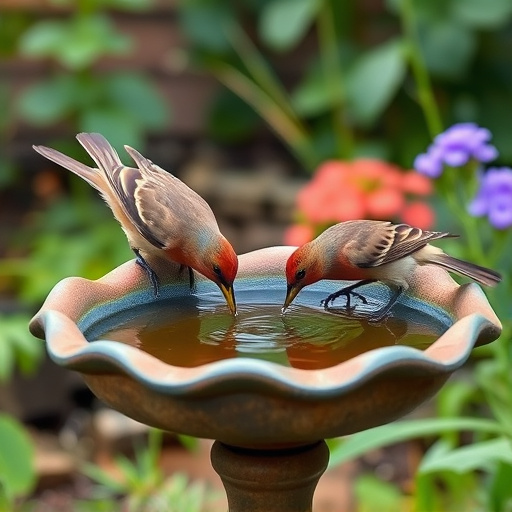 Birds drinking from garden water dish