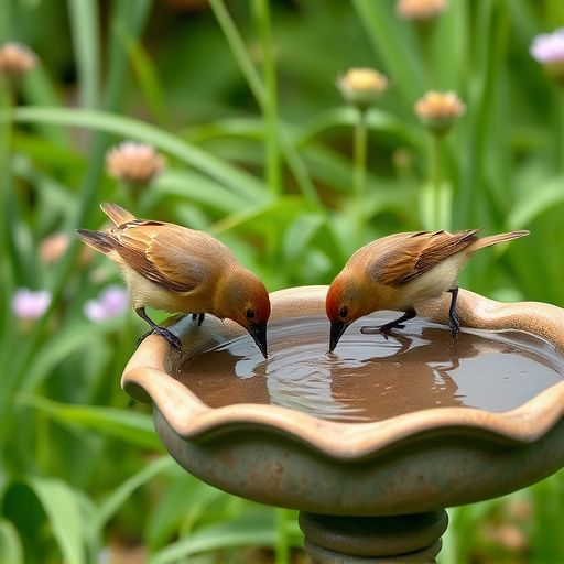 Birds drinking from garden water dish