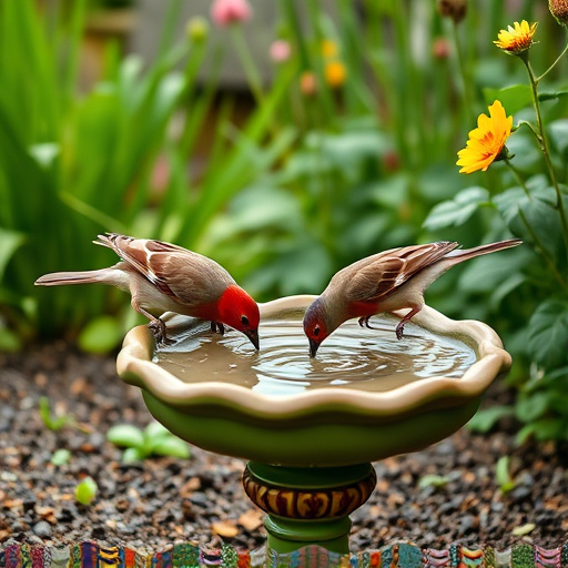 Birds drinking from garden water dish