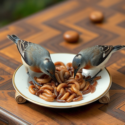 Birds eating mealworms on plate