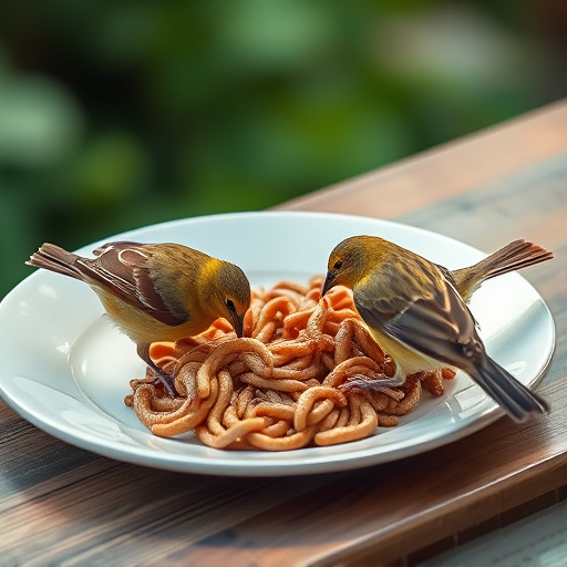 Birds eating mealworms on plate