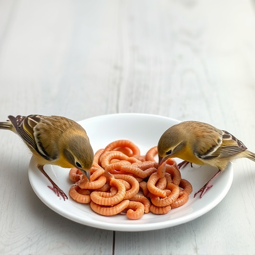 Birds eating mealworms on plate