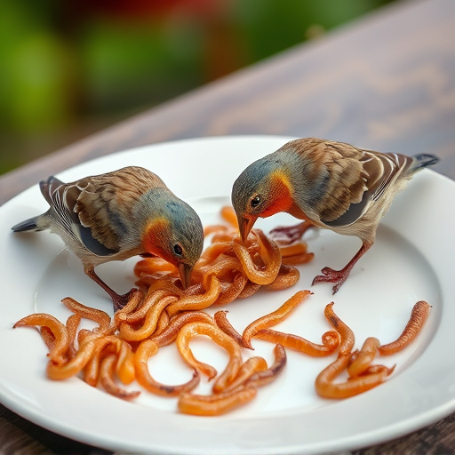 Birds eating mealworms on plate
