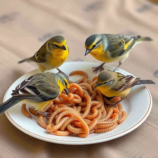 Birds eating mealworms on plate