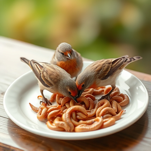 Birds eating mealworms on plate