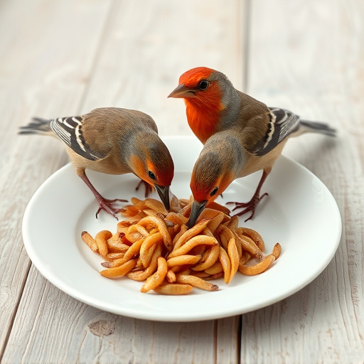 Birds eating mealworms on plate