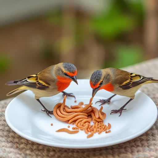 Birds eating mealworms on plate