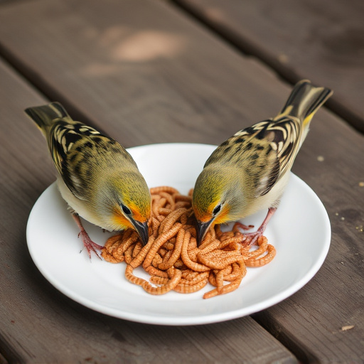 Birds eating mealworms on plate