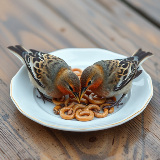 Birds eating mealworms on plate