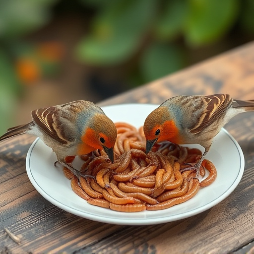 Birds eating mealworms on plate