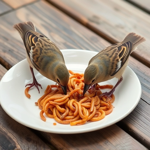 Birds eating mealworms on plate