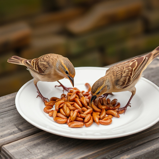 Birds eating mealworms on plate