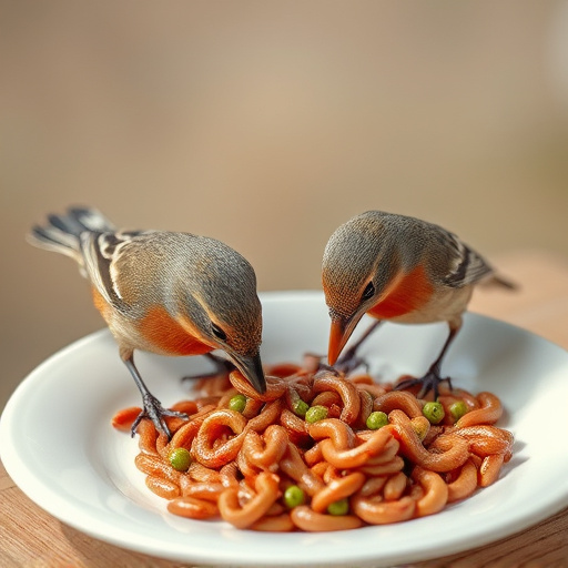 Birds eating mealworms on plate