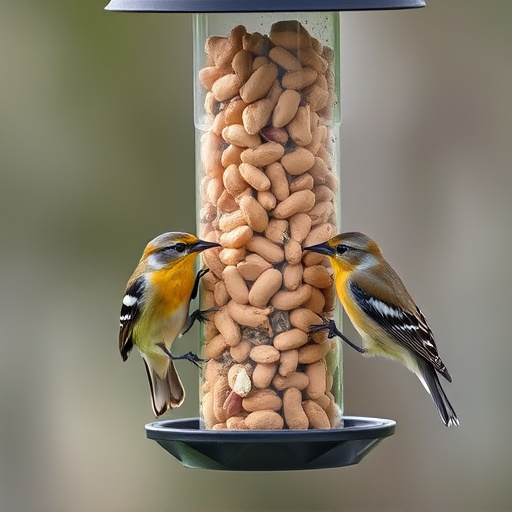 Birds eating peanuts from feeder