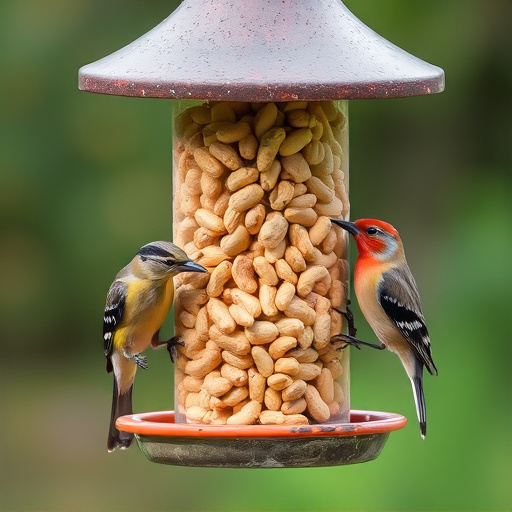 Birds eating peanuts from feeder