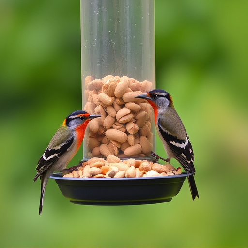Birds eating peanuts from feeder