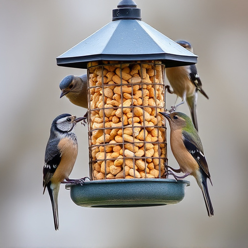 Birds eating peanuts from feeder