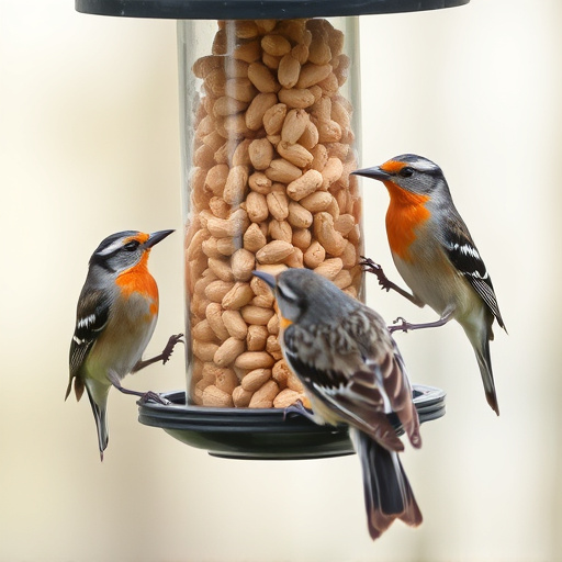 Birds eating peanuts from feeder