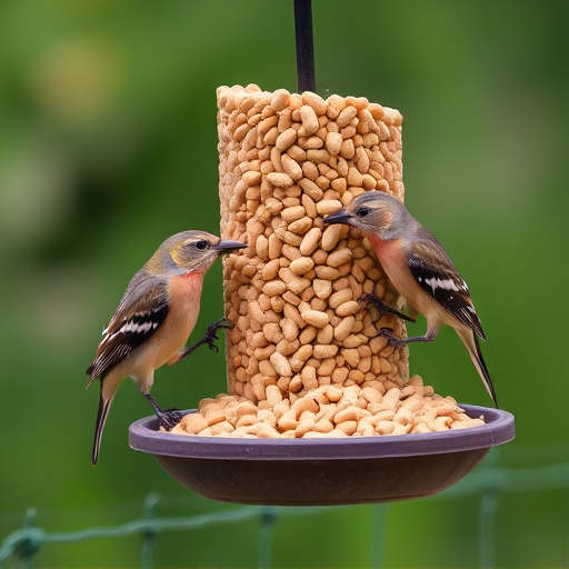 Birds eating peanuts from feeder