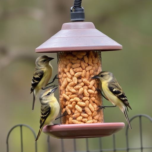Birds eating peanuts from feeder