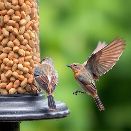 Birds eating peanuts from feeder