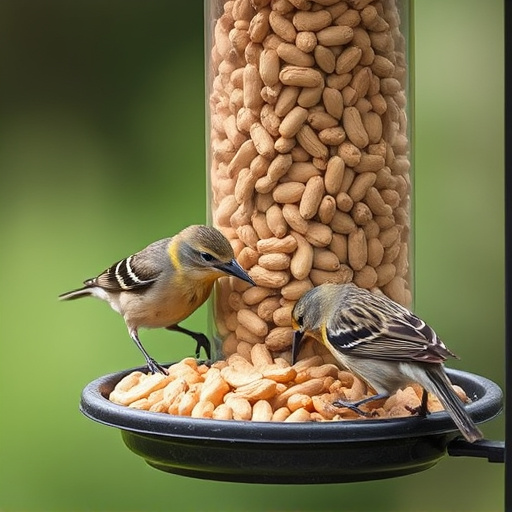 Birds eating peanuts from feeder