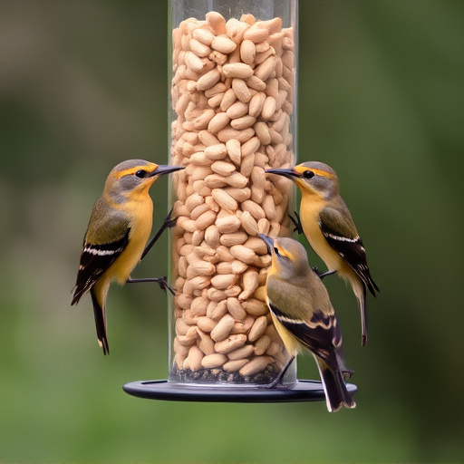 Birds eating peanuts from feeder