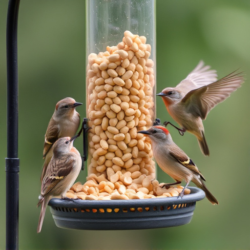 Birds eating peanuts from feeder