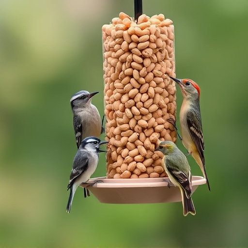 Birds eating peanuts from feeder